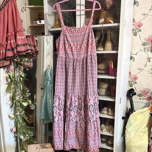 Knox Rose Pink and Cream Floral Tiered Bohemian Smocked Cotton Sundress XXL